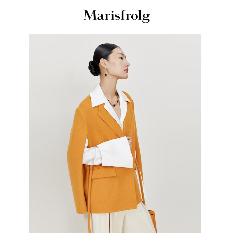 【明星同款】Marisfrolg/玛丝菲尔22年春新款梵高橙羊毛西装斗篷式外套女秋冬 红色 S