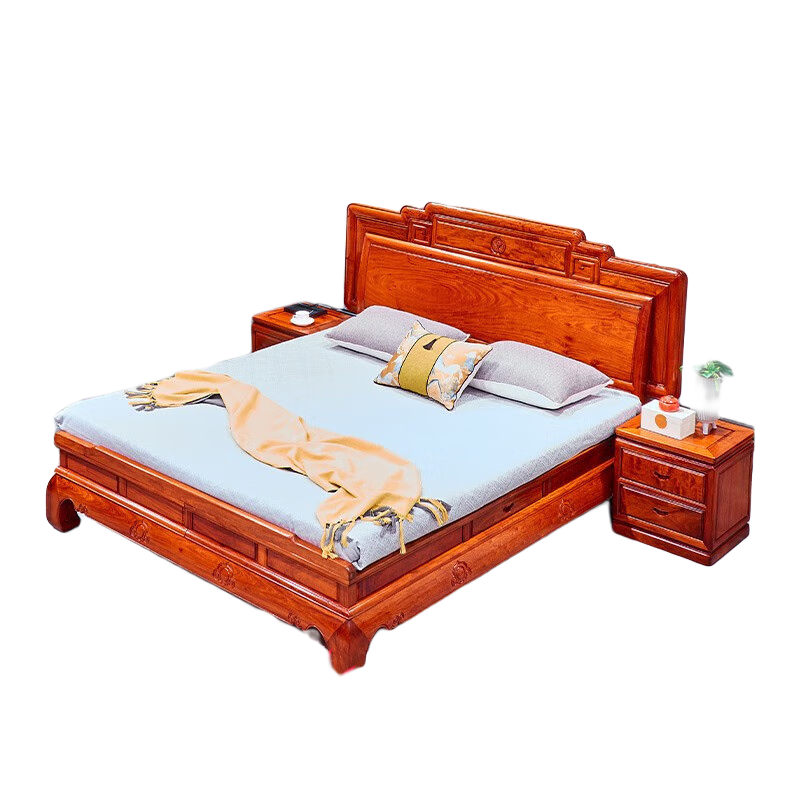 虎大師 紅木家具緬甸花梨（學(xué)名：大果紫檀）中式臥室大床雙人床實(shí)木仿古帶儲(chǔ)物箱抽屜 1.8米大床配2個(gè)床頭柜