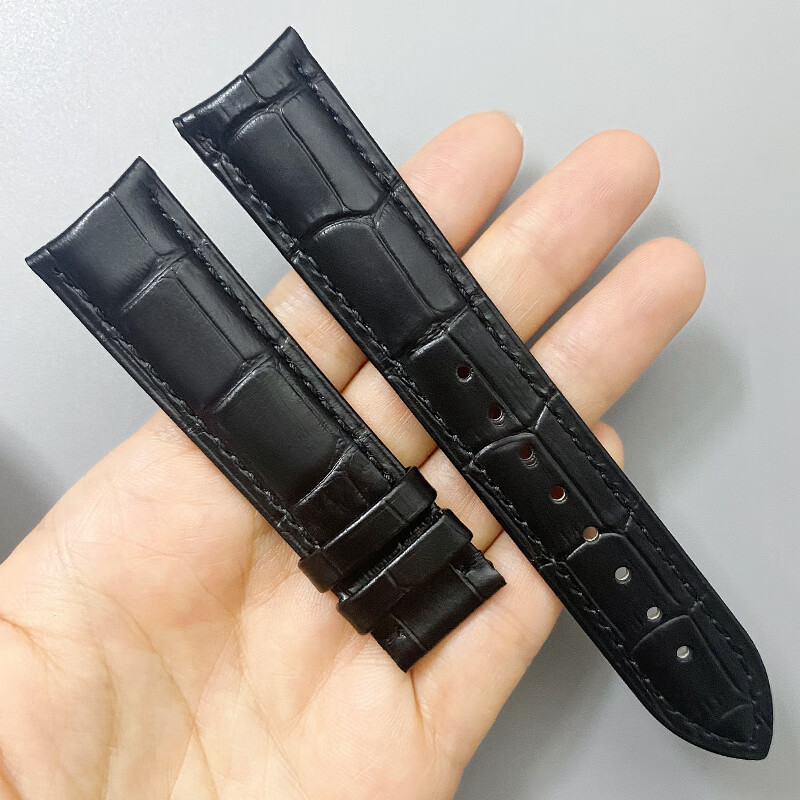 適用積家表帶月相大師真皮表帶原裝男蝴蝶扣手表鏈約會弧形彎頭帶 黑色無扣 接口寬度19mm