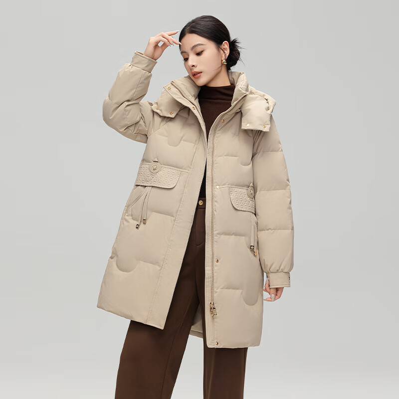 雅鹿中长款羽绒服女冬季2026年新款时尚休闲加厚保暖鸭绒外套女 卡其 L (165) 【 推荐125-140斤】