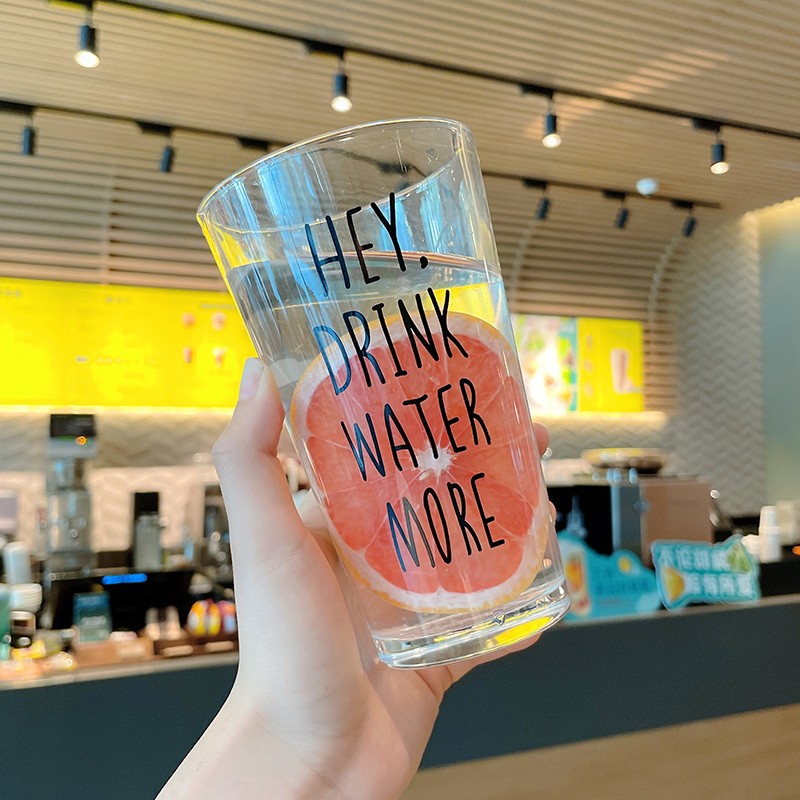 初品玻璃杯 吸管杯 刻度杯量  带把手 果汁水杯子可爱儿童牛奶杯 400ML字母杯