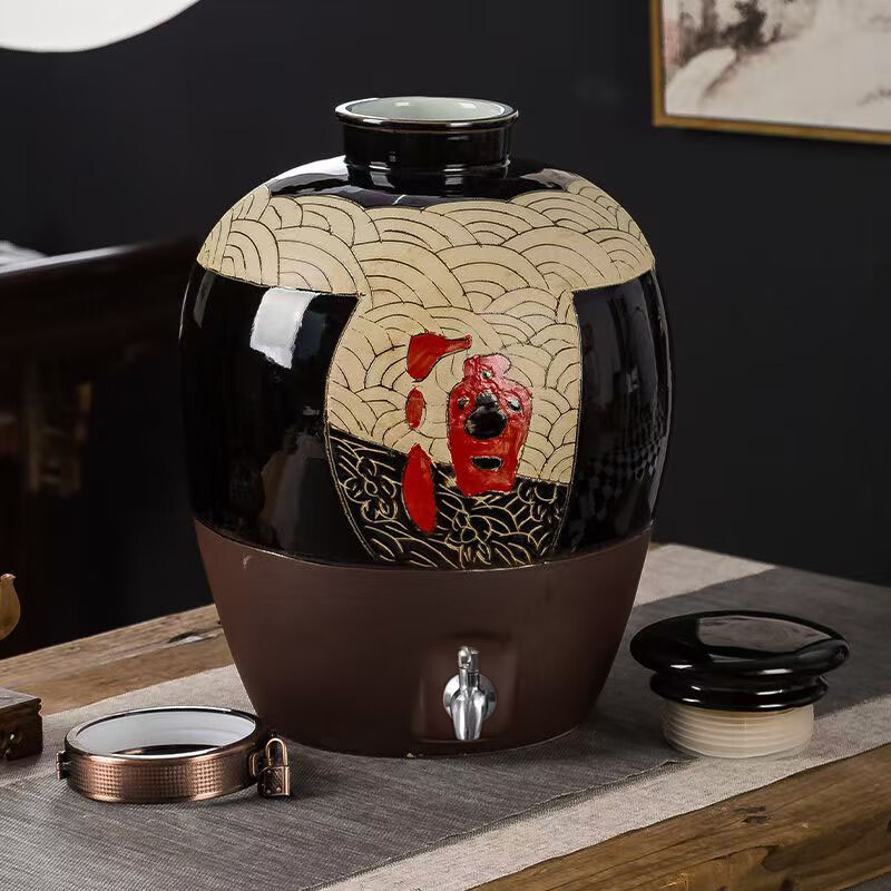 景德鎮(zhèn)陶瓷酒壇酒缸泡酒瓶密封復古釀酒存酒瓶高檔禮品酒壺酒罐 波紋酒帶不銹鋼龍頭送鎖扣底座 10斤