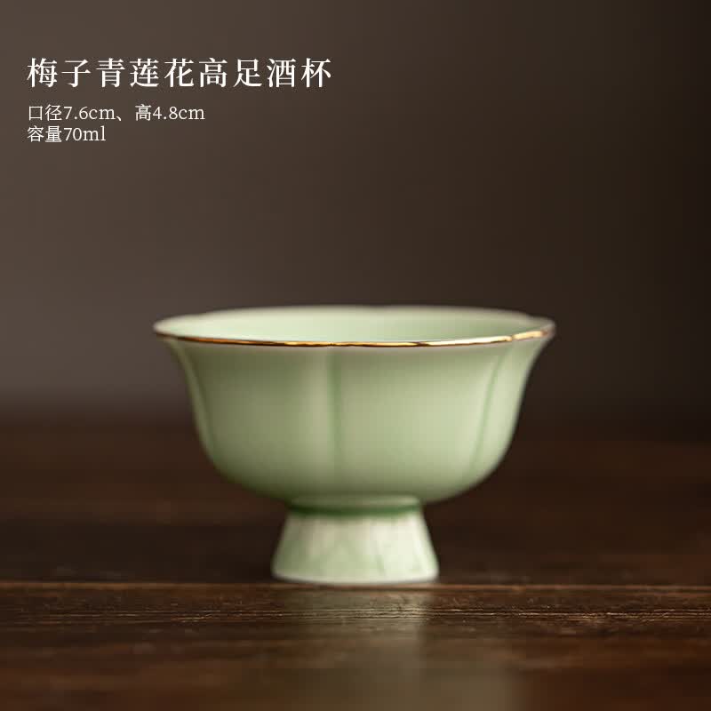 MQV陶瓷高足中式复古风白酒酒盅烈酒家用一口杯黄酒米酒酒盏大号酒杯 花瓣高足杯天青带金边