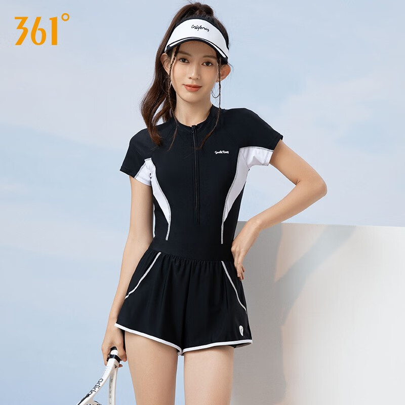 361°游泳衣女款连体泳衣2025新款保守遮肚显瘦平角高级感泡温泉泳装 黑色三件套（泳衣＋泳镜＋泳帽） M 身高155-160cm体重40-49kg