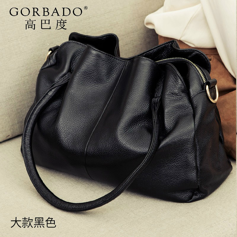 高巴度（GORBADO）女式手提包2025新款時(shí)尚真皮單肩斜挎包女大包包大容量大氣軟皮包 大款黑色