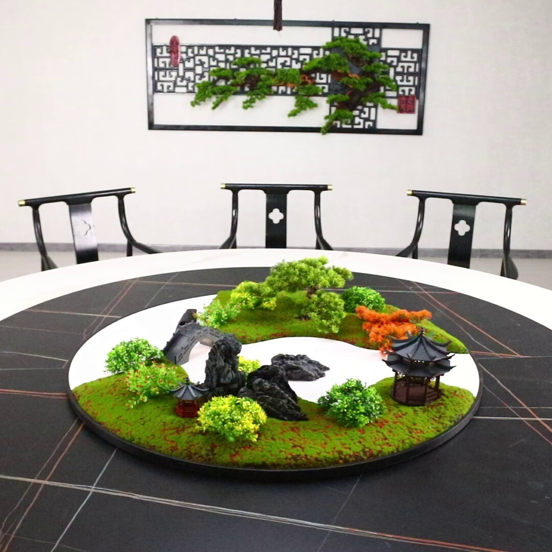 兆族新中式餐桌摆件沙盘圆桌中心景观装饰酒店大圆桌中间转盘桌芯摆花