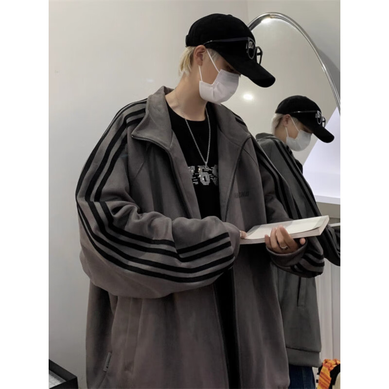 POUM麂皮绒春秋季卫衣男开衫外套潮牌oversize美式情侣棒球服运动夹克 YRFS-W141黑色 常规 麂皮绒 XL