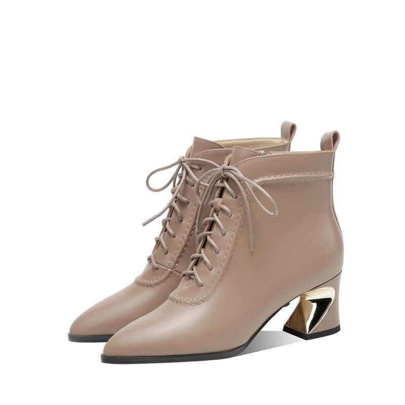 马丁靴女2022秋冬新款粗跟系带真皮短靴圆头加绒时尚高跟靴子 藕杏色