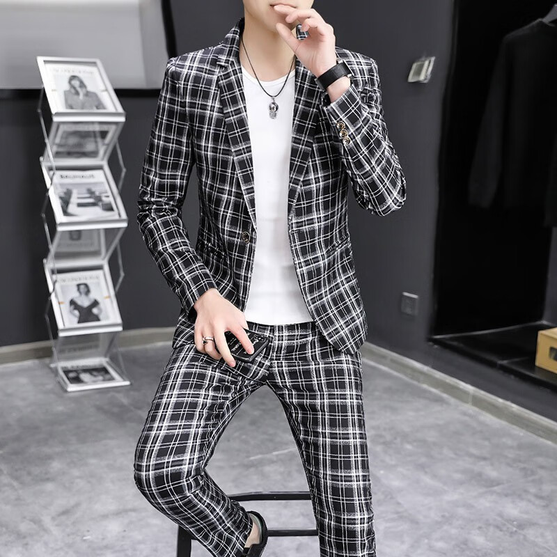 ujxw 155小个子男生穿搭秋装新款男士小西服套装韩版标准型织带潮流