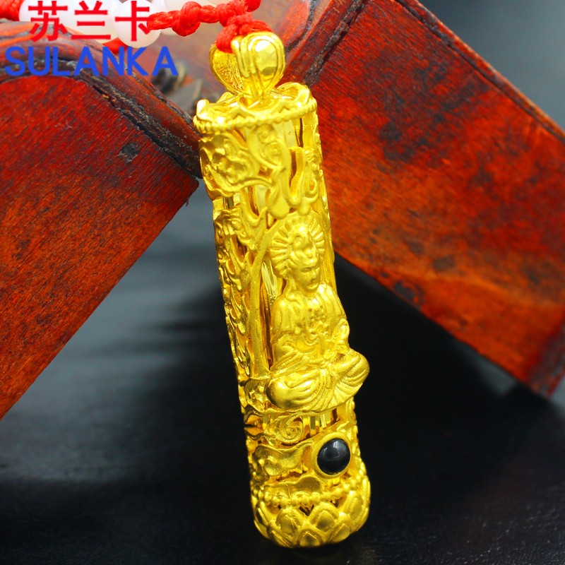 苏兰卡黄铜镀金项坠复古观音吊坠男款霸气圆柱潮人镀沙金菩萨吊坠送男友 带绳子 颜色随机