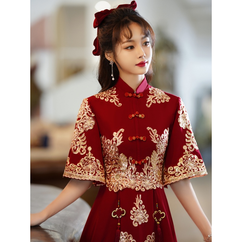 塞德勒小个子敬酒服新娘旗袍秋季中式结婚礼服女订婚回门连衣裙平时可穿 酒红色中长款 XXL怎么样,好用不?