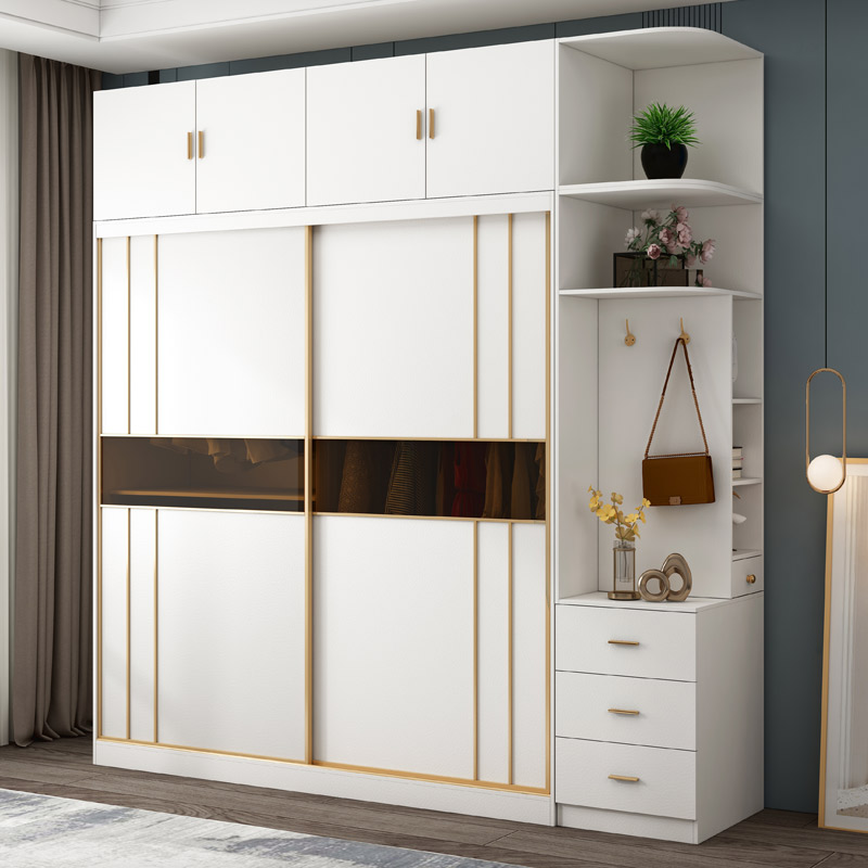 百爱优正 纯实木质多层板推拉门衣柜两门全白色现代轻奢免漆板趟门