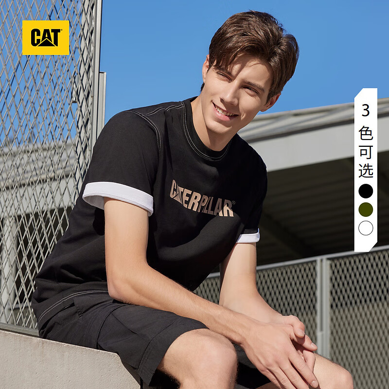 CAT卡特新品男撞色设计logo印花短袖T恤城市轻户外 黑色 S
