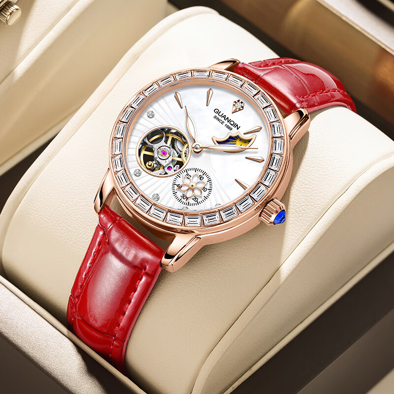 冠琴（GUANQIN）手表女全自动机械表明星同款镂空飞轮女士手表国表礼物送女友老婆 红皮玫金白面（女神气质）