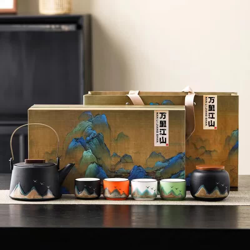 陶福气万里江山功夫茶具套装泡茶壶茶具陶瓷喝茶家用轻奢高档礼盒装