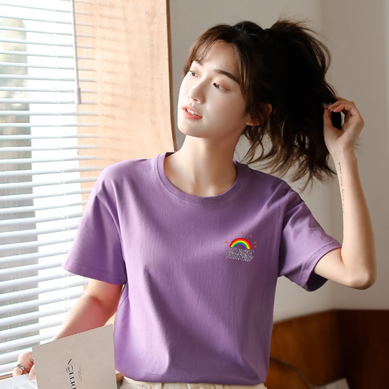 短袖t恤女装夏装新款学生半袖上衣服ins潮修身内搭 纯棉彩虹浅紫色 s
