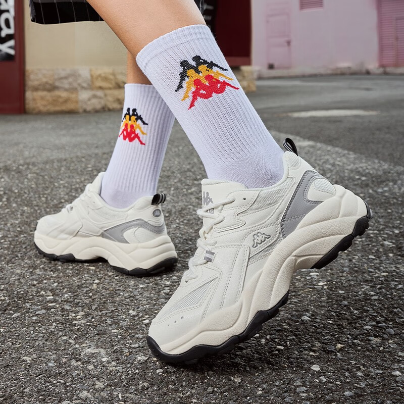 Kappa卡帕女鞋复古老爹鞋2026新款冬季百搭休闲鞋轻便厚底运动跑鞋子女 韩国白/静谧灰 38