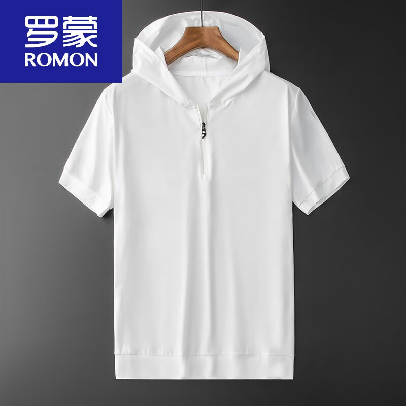 羅蒙（ROMON）夏季冰絲短袖t恤男連帽白色衛(wèi)衣男半袖潮牌大碼半開衫T恤輕薄高端 118白色 M