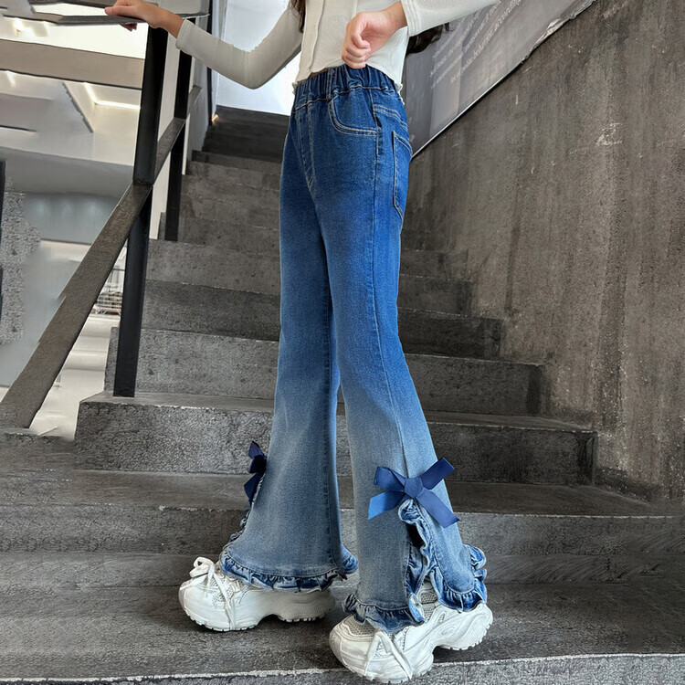 女童加绒裤子春秋2026新款加厚中大童弹力喇叭长裤春装儿童牛仔裤 蓝色【冬季加绒加厚款】 150cm