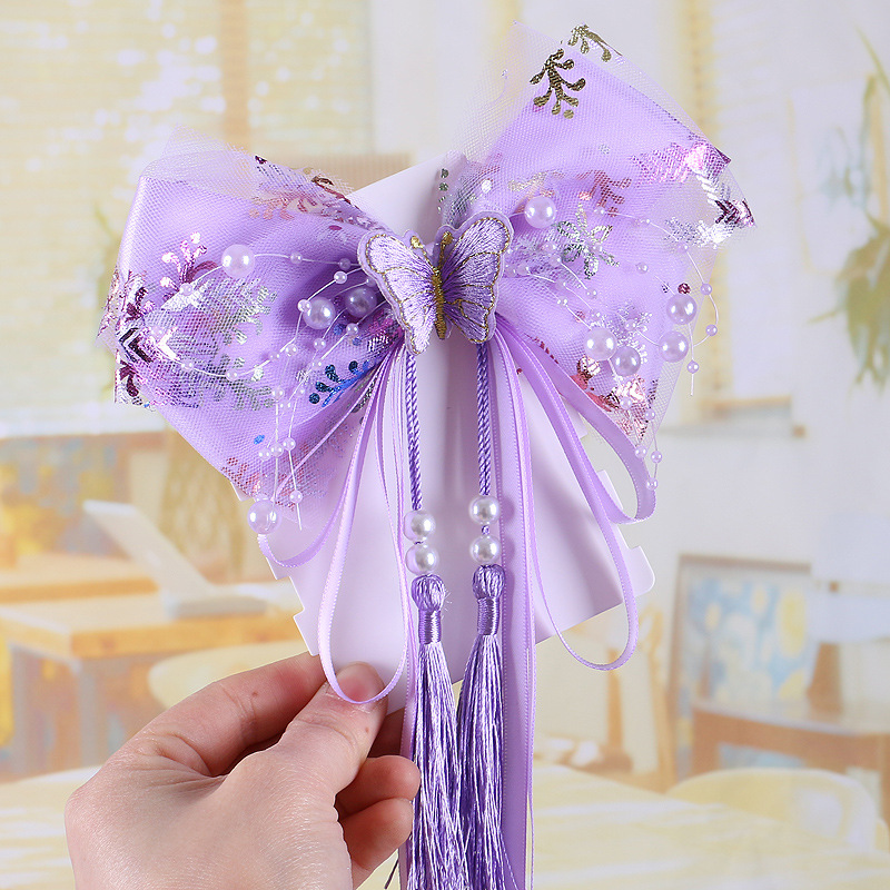 千宝莱珍珠蝴蝶结飘带发夹古风汉服发饰宝宝洋气古风头饰 紫色
