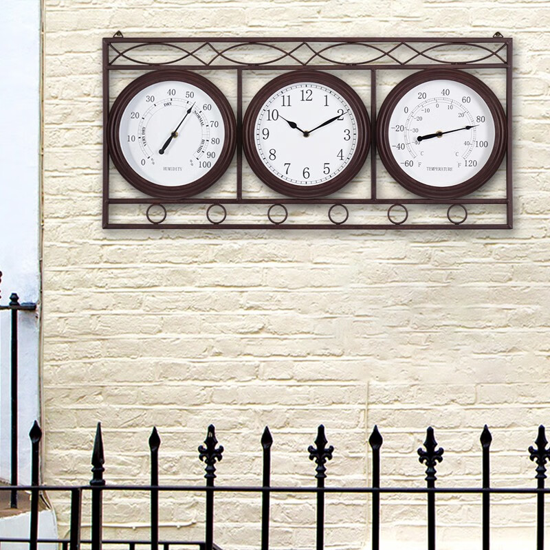 汉时(hense) 欧式创意户外防水金属装饰挂钟客厅复古三表盘挂饰时钟hw