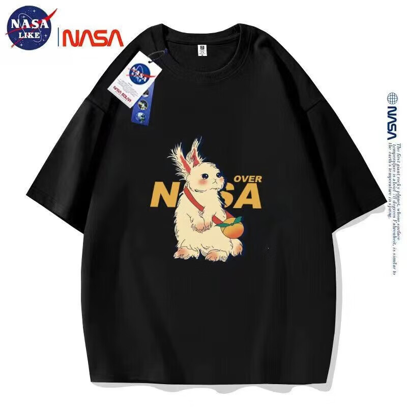 【36.9任选2件】NASA潮流短袖t恤纯棉男女款 兔子黑 L