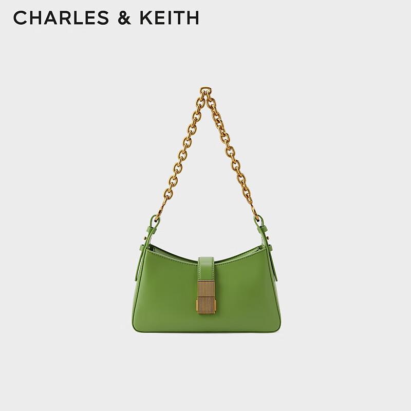 CHARLES&KEITH质感金属扣链条单肩包腋下包法棍包包女包女士CK2-20781463 Green绿色 M