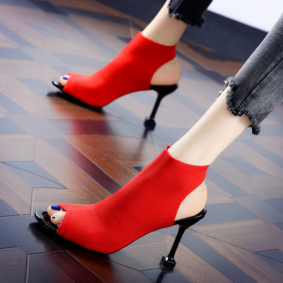 绾罗马高跟凉靴欧美鱼嘴鞋露趾凉鞋女新款夏季细跟针织松紧弹力 红色