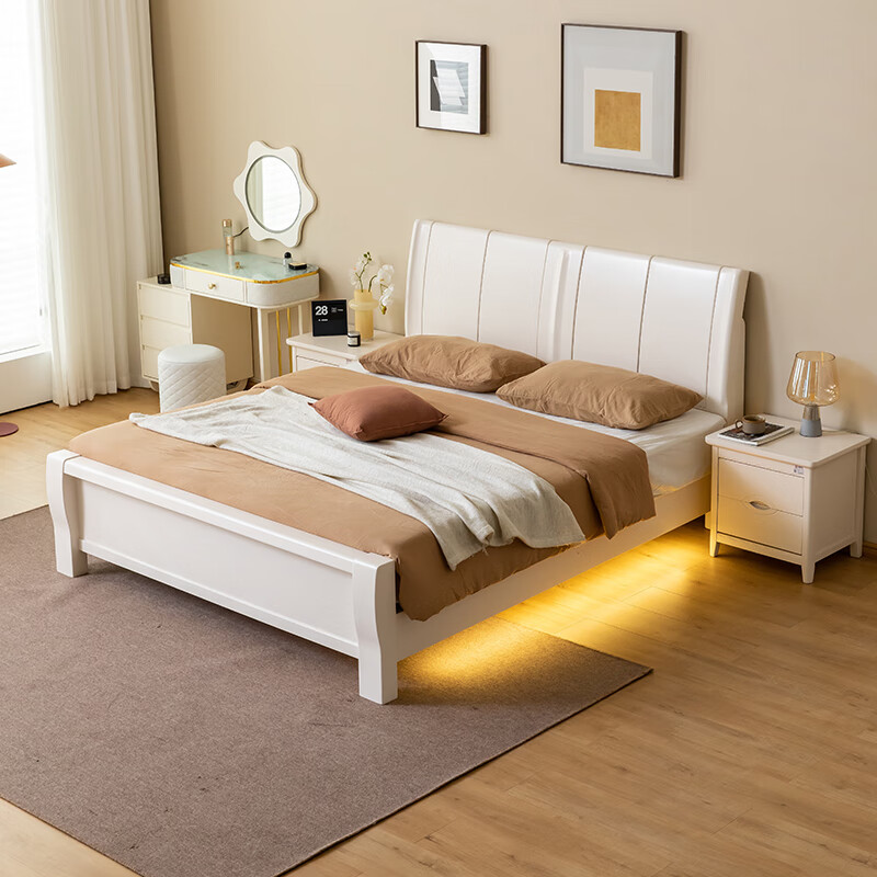 意特尔 简约现代静音实木床白色智能夜光床1.