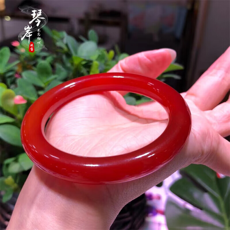 灿典candian天然牛血红玛瑙玉髓粗圆条手镯  高冰透全红 送人自留皆可