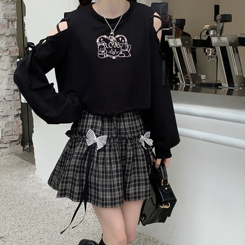 长袖t恤女卫衣短款上衣 格子短裙jk半身裙学生套装 黑色上衣 格子短裙