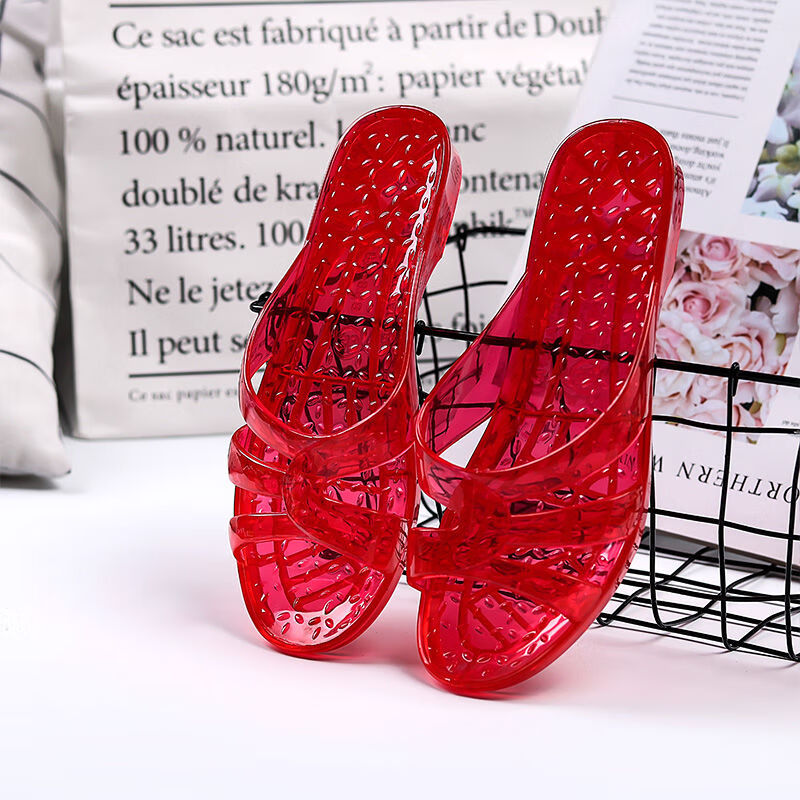 室外拖鞋女夏透明百搭女平底水晶凉拖浴室防臭防滑塑料沙滩鞋 红色