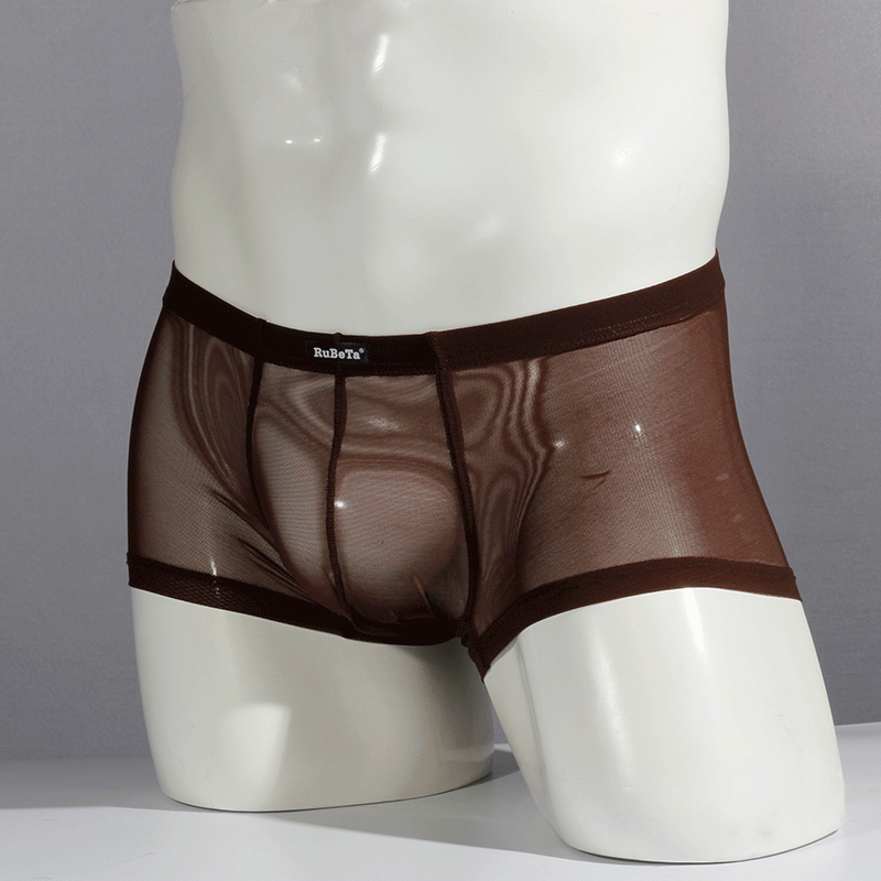 平角裤冰丝性感款全透明透气网纱四角裤镂空青年夏c 咖啡-1条装 裆部