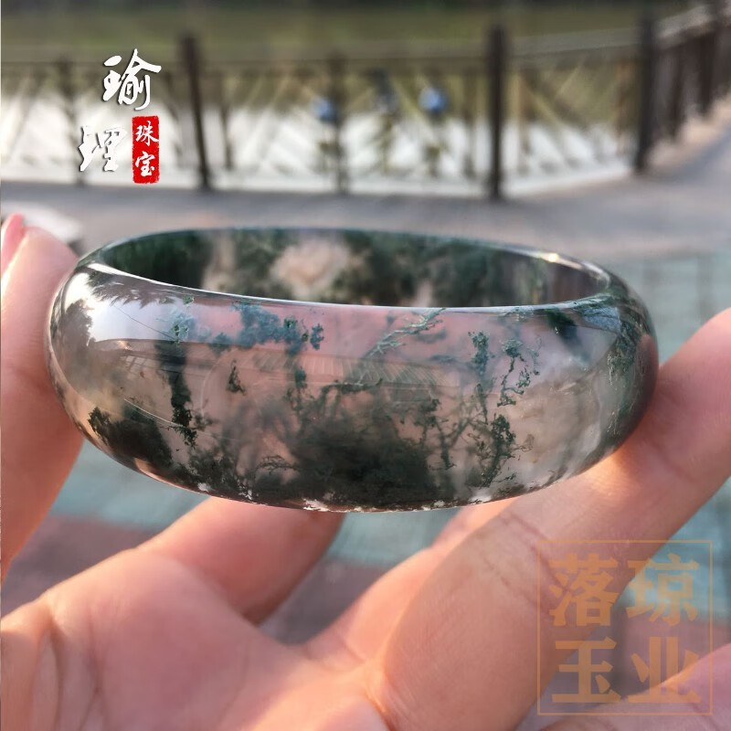 天然精品高冰水草玛瑙手镯子冰种飘花玛瑙玉镯子 54mm