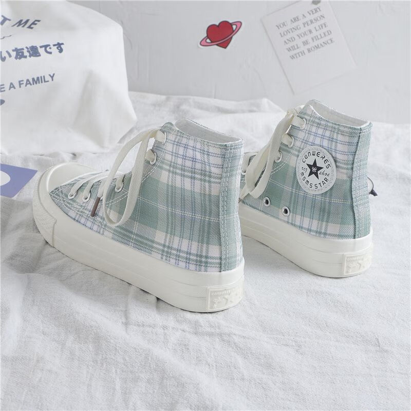 泉希语日系软妹高帮帆布鞋女泫雅风jk格子学生鞋ulzzang韩版百搭休闲