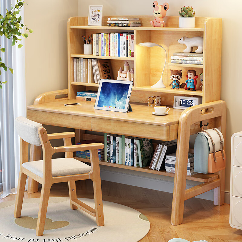 慕欧小镇北欧全实木书桌椅子家用简约靠背学习家用办公多用途办公双人书桌原木色单桌 0.8m*0.6m*0.75m