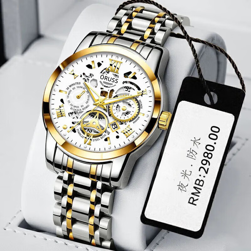 （0.01）瑞士精品全自动非机械表男士手表夜光防水帅气男表 光明间金白面