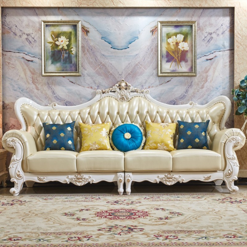 凰城盛世 欧式皮沙发组合 客厅家具双面雕花全实木真皮沙发 实木奢华家具 四人 多人位