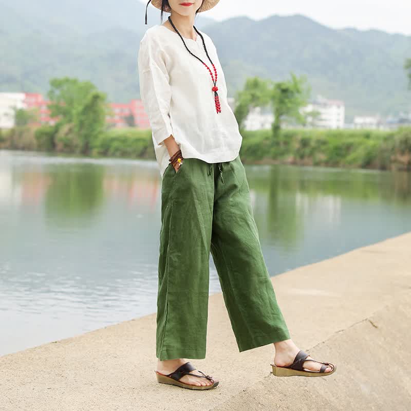 江南复古民族风阔腿裤新款棉麻松紧腰垂感宽松百搭九分裤女 墨绿色 xl