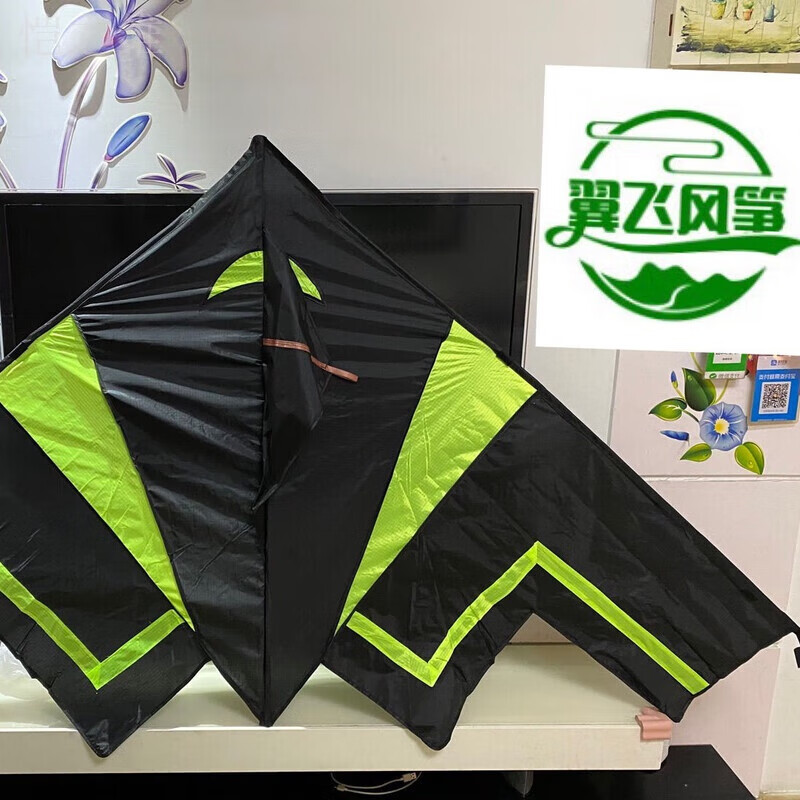 萨默斯隐形飞机风筝2021新款潍坊成人格子布儿童易飞 黑色配绿 仅风筝