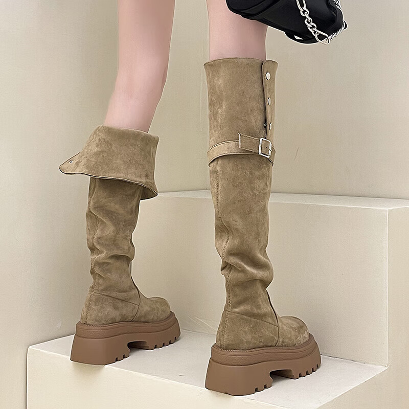 惠奴比厚底显瘦绒面堆堆弹力靴过膝靴子女2025秋冬新款两穿长筒靴时装靴 黑色【加绒款】 39