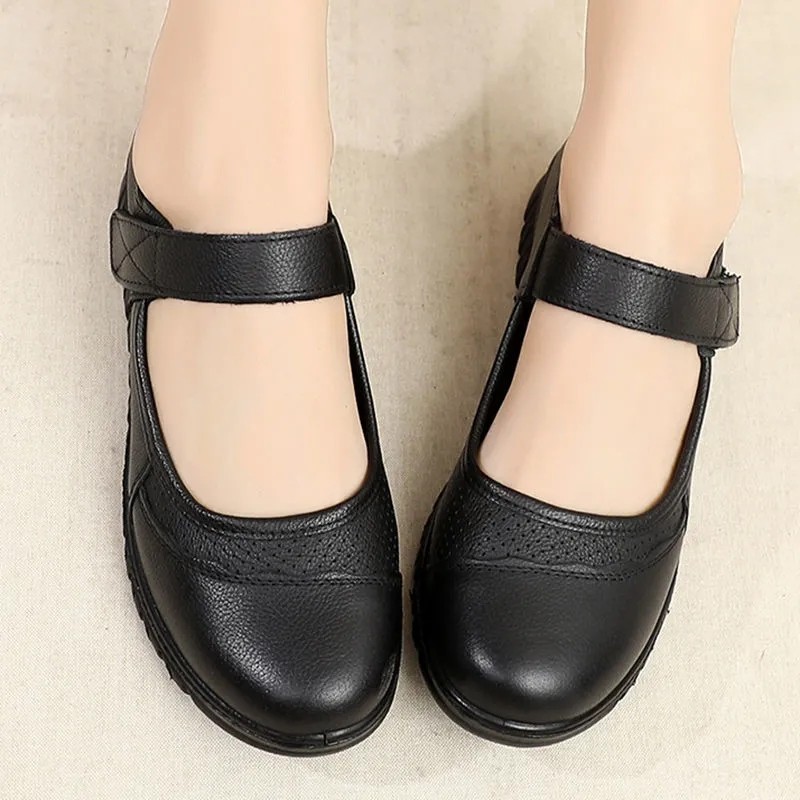 吊带兔妈妈鞋夏季眞皮软底老人皮鞋女透气奶奶凉鞋中老年防滑平跟工作鞋 383黑色 42