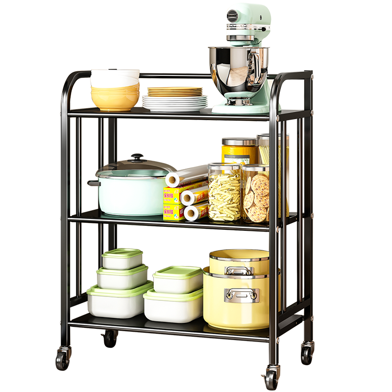 溢彩年华 厨房置物架落地书报架子多功能家用放蔬菜锅具微波炉架三层可移动烤箱收纳储物架YCI7301-BK