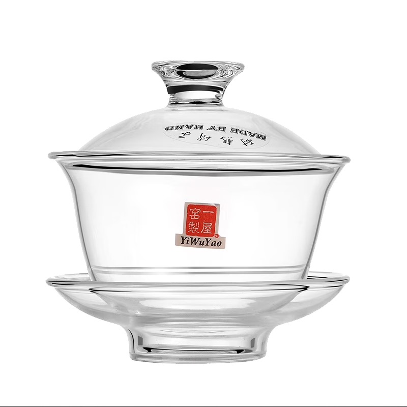 一屋窑制（YiWuYao）玻璃盖碗茶杯功夫茶具套装加厚透明泡茶壶手工大号敬茶三才碗家用 三才盖碗120ml