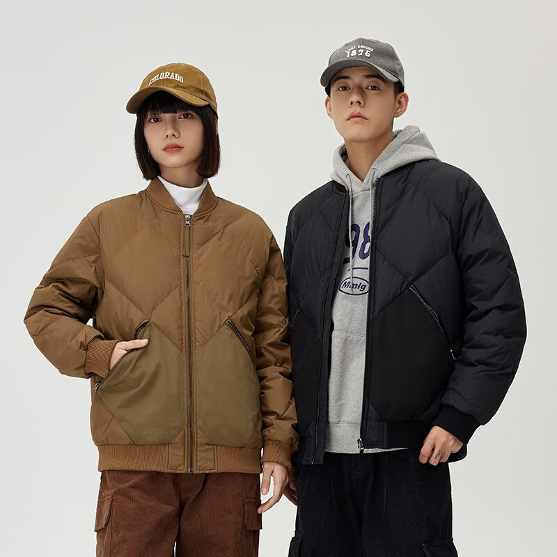 雅鹿短款羽绒服男女情侣同款棒球领螺纹拼接设计简约百搭秋冬外套 黑色 L 175