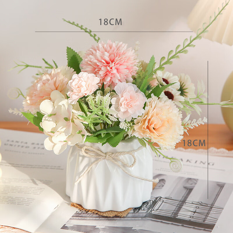 风盆栽ins装饰假花餐桌家居摆件客厅套装桌花 白瓷花瓶 香槟粉康乃馨