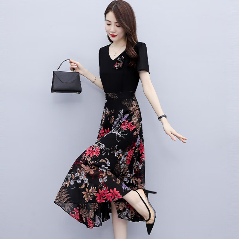 森恒羊品牌品牌v领雪纺碎花连衣裙子女装春夏季2024新款气质短袖洋气z