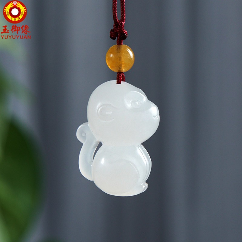 玉御缘  原创新款天然十二双面立体猴子吊坠晴水生肖猴玉坠项链坠子青