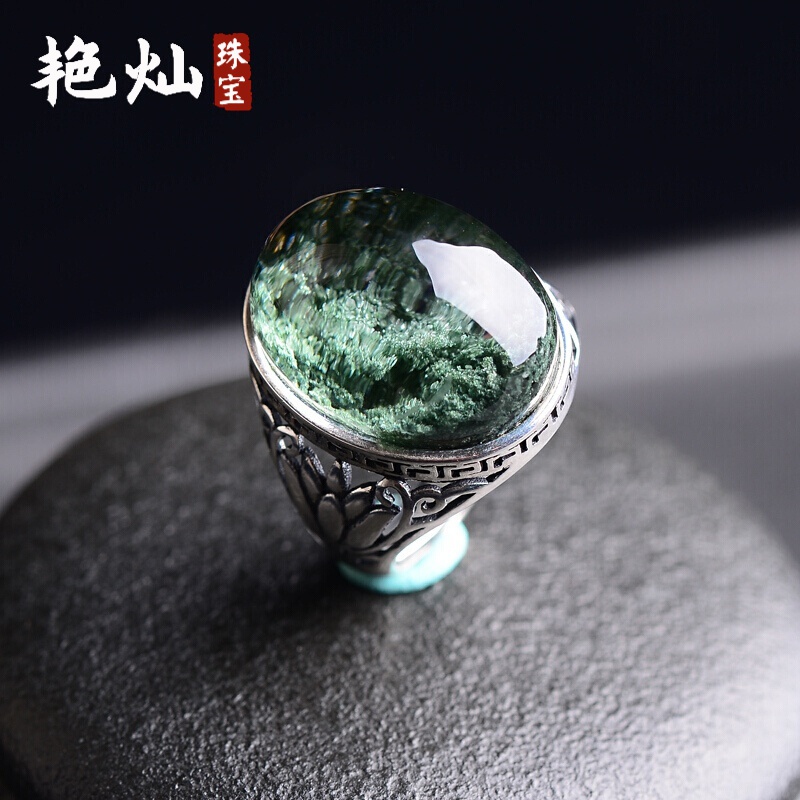 艷燦 綠幽靈聚寶盆截面戒指925銀托深綠一圖一物天然綠幽靈戒指送女友