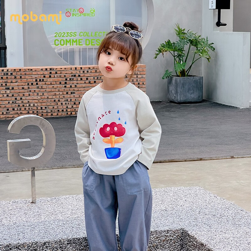 摩芭米mobami春秋女童T恤200g棉婴儿衣服纯棉T恤儿童宝宝插肩袖T恤 白色 130cm